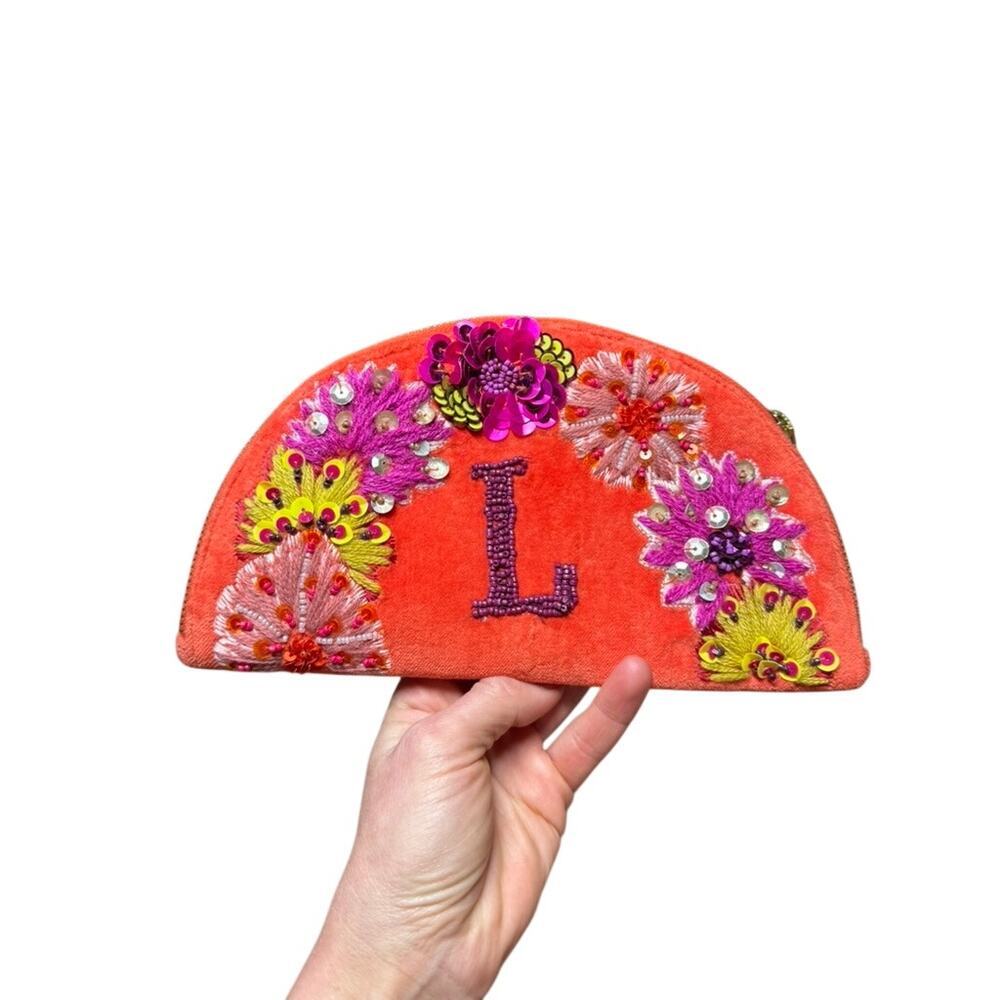 Anthropologie Anna Harlow Russo Orange "L" L Monogram Crescent Pouch NWOT